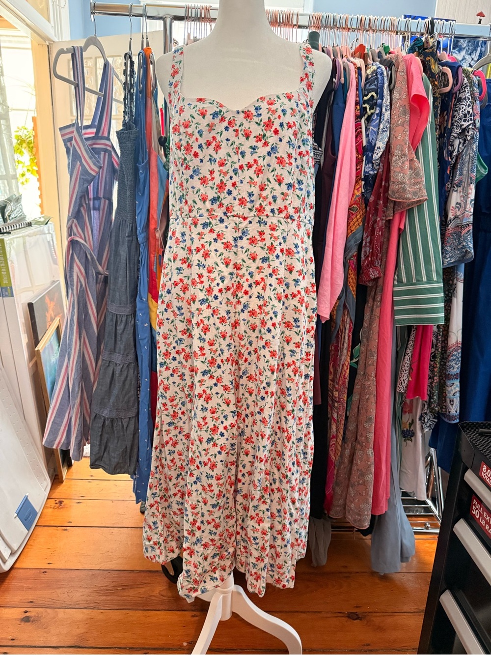 Old Navy White Maxi Dress with Red & Blue Floral Print